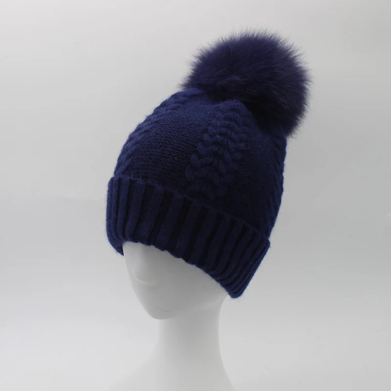Женские шерстяные шапки Skullies шапочки 15 см с помпоном из лисьего меха женские