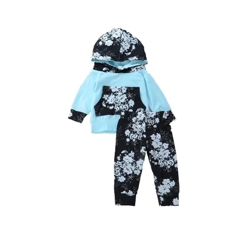 

Infant Baby Clothes Sets Blue Sweater Hoodies Tops+Floral Print Black Panelled Pants 2pcs Vogue Bebe Kids Clothing Suits