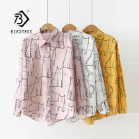 2019 new arrival cartoon cat print button up blouse long sleeve turn down collar shirt sweet girls loose plus size top t93905f