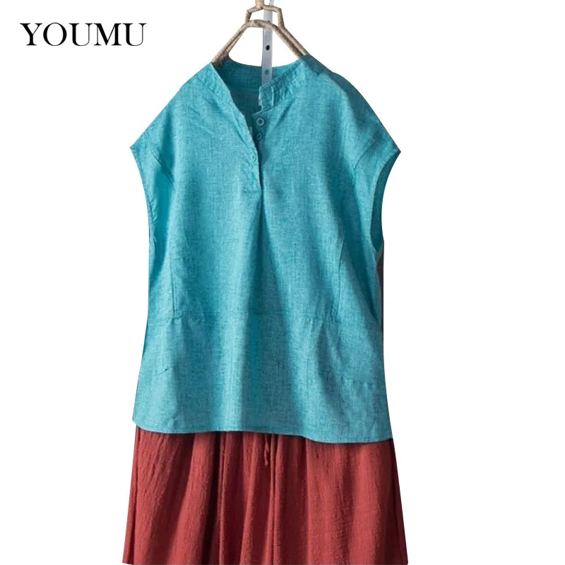 

Women Cotton Linen Loose Casual T-Shirt Plus Size M-3XL Solid Button Mandarin Collar Short Sleeve Tops Office Lady 906-A288