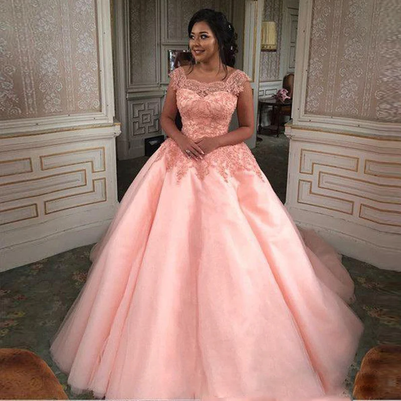 Очаровательный розовый бальное платье Quinceanera платья с коротким рукавом Кружева с аппликацией на шнуровке сзади сладкий 15 платье длинный тюлевый Выпускной платья