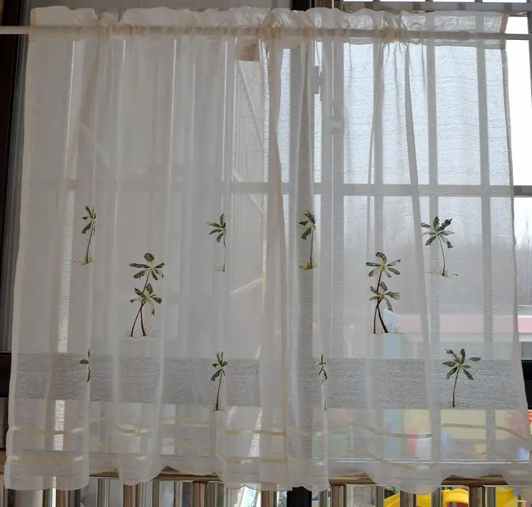 Белая короткая занавеска для кухни из пеньковой ткани с вышивкой треугольная