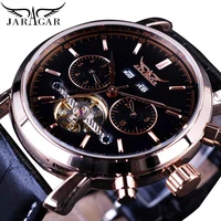 jaragar rose gold automatic mechanical watch men tourbillion male watches calendar display sub dial genuine leather montre homme