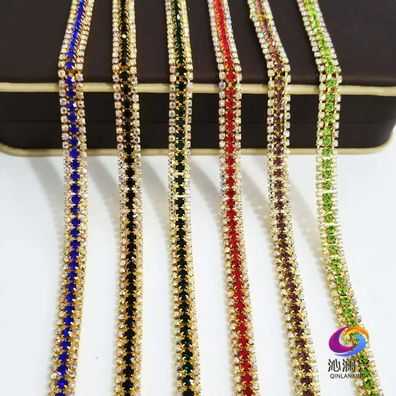 

1 yard 3 Rows glass crystal Rhinestone Chain,gold bottom sew on Cup Chains For diy Garment Bags decorations