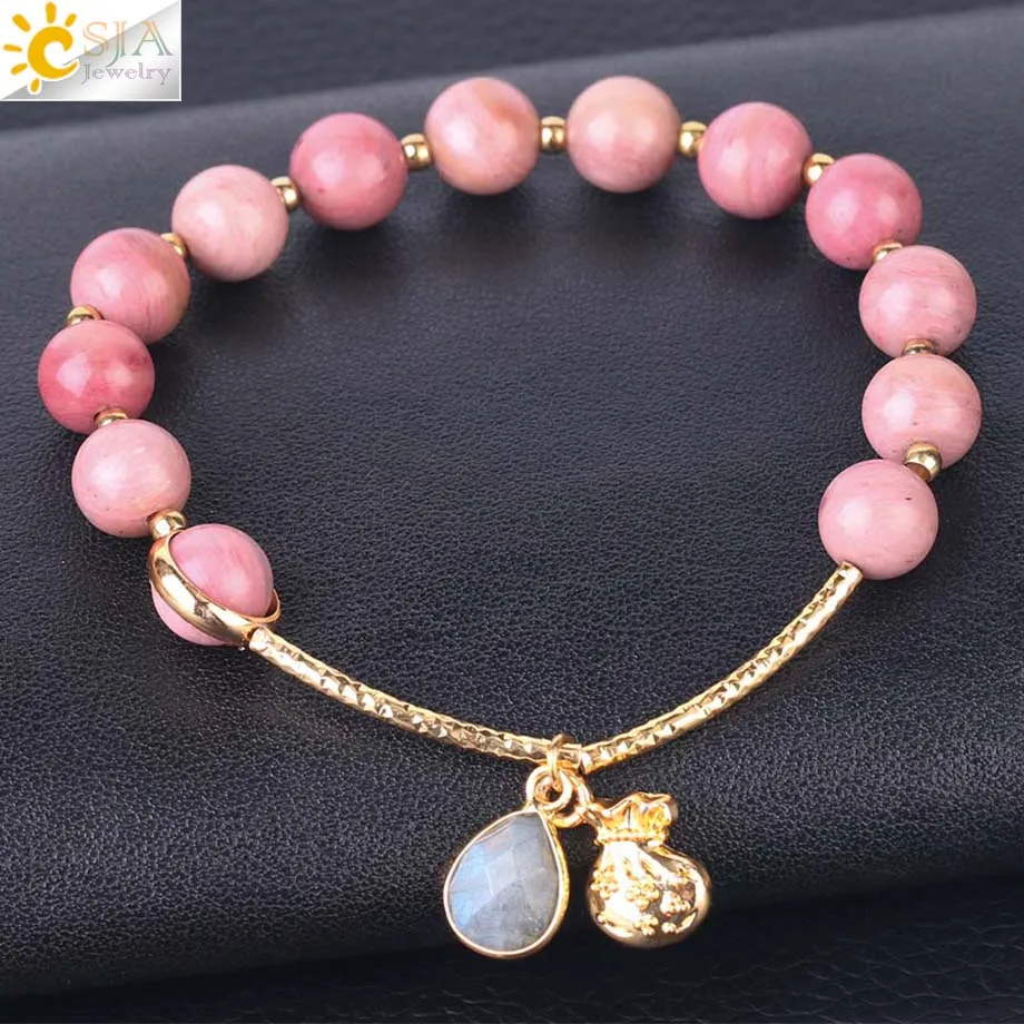 Line Rhodonite Csja натуральный браслет из Лабрадорита линии родонита золотого цвета Распорки браслет из бисера для Женский Капля воды шикарные Подвески Браслеты F546 - Окраска металла: Line Rhodonite