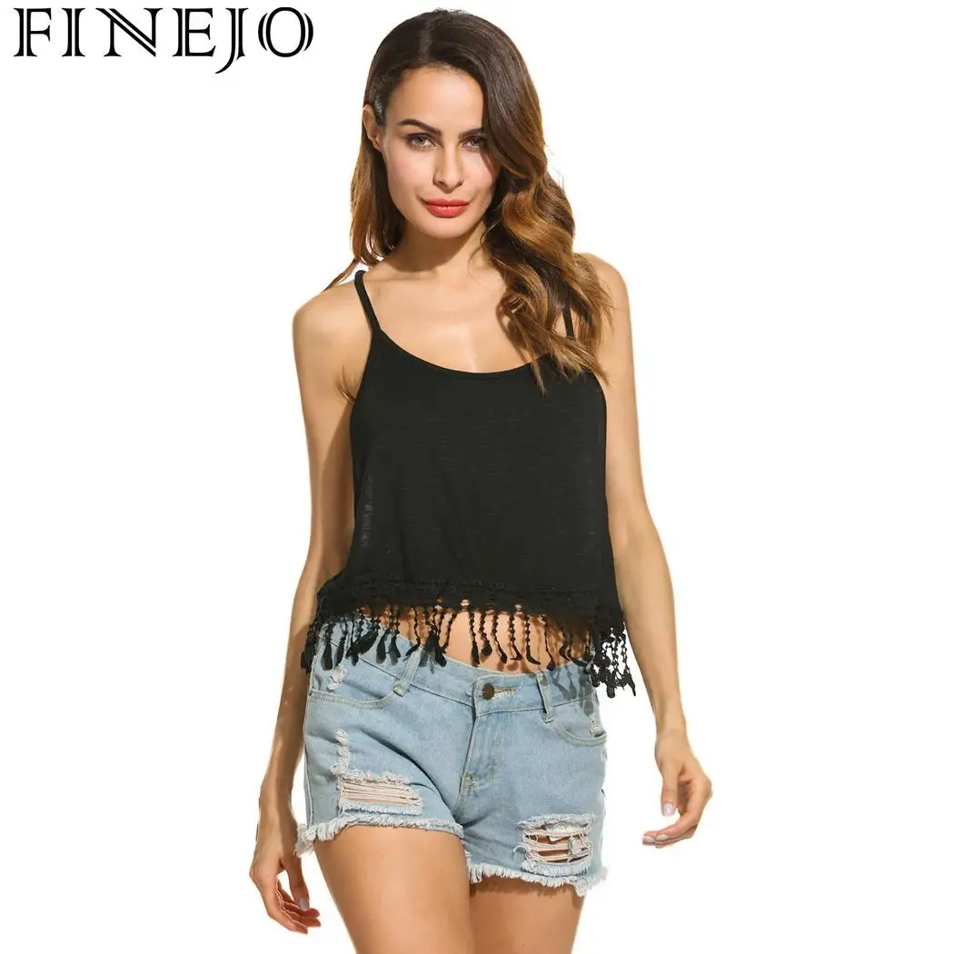 FINEJO Crochet Fashion Sexy Round Neck Spaghetti Strap Solid Women Lace Fringed Cropped Cami Tops | Женская одежда