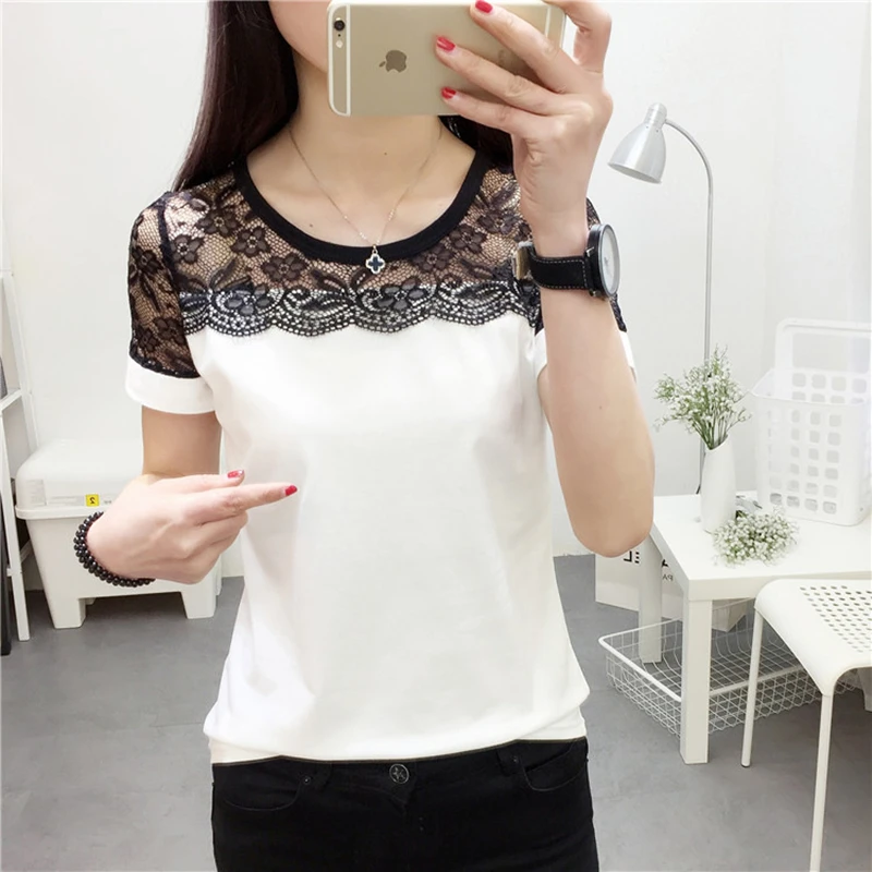 Новый 2019 Для женщин блузка рубашка черного цвета с кружевным украшением на