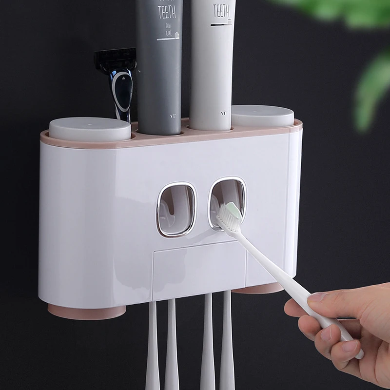 

ONEUP Automatic Toothpaste Dispenser Dust-proof Toothbrush Holder With Cups No Nail Wall Stand Shelf Bathroom Accessories Sets