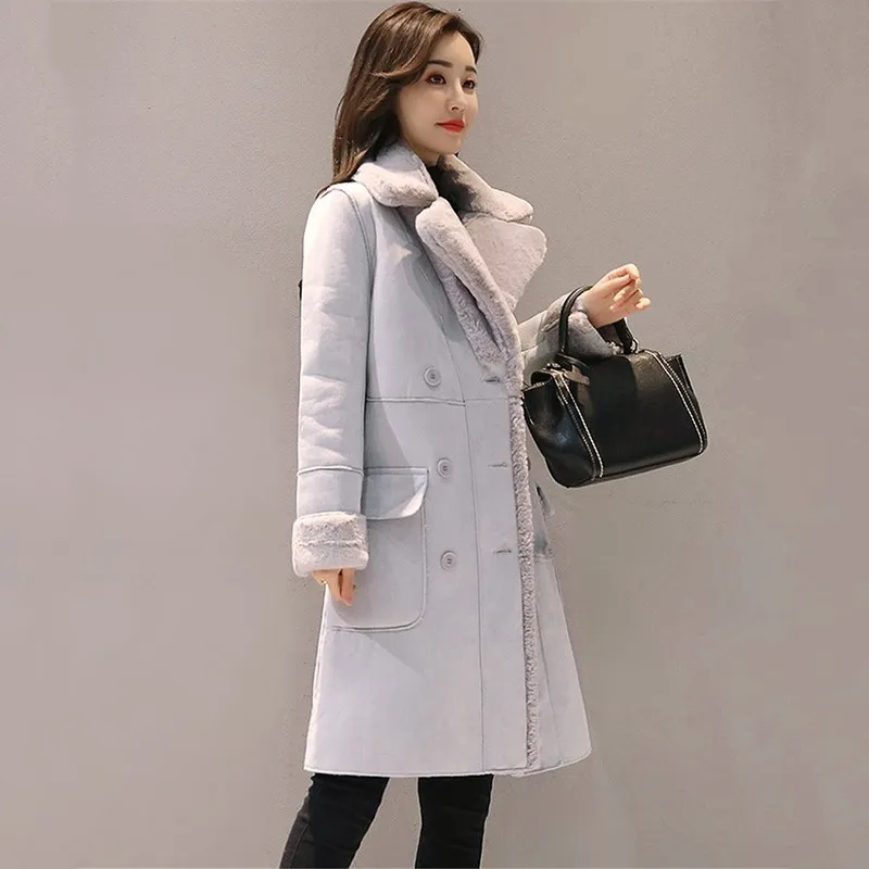 

Autumn Winter New Plus velvet Windbreaker Women's Korea long Thick Warm Trench coats Women's Deerskin lamb hair Overcome F631