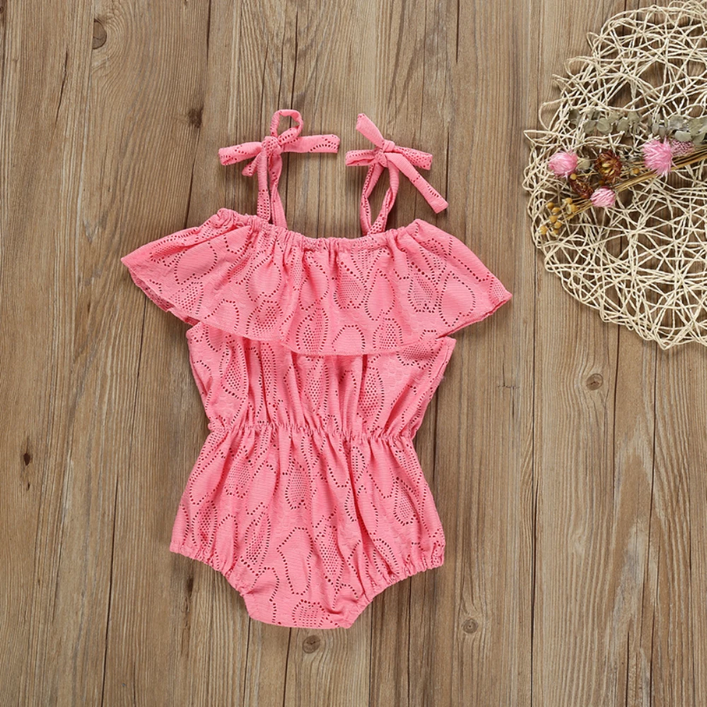 2019 Baby Summer Clothing 0-24M Toddler Girl Bodysuits Ruffles Sleeve Off Shoulder Hollow-out Hearts Pink Jumpsuit Sunsuit | Детская