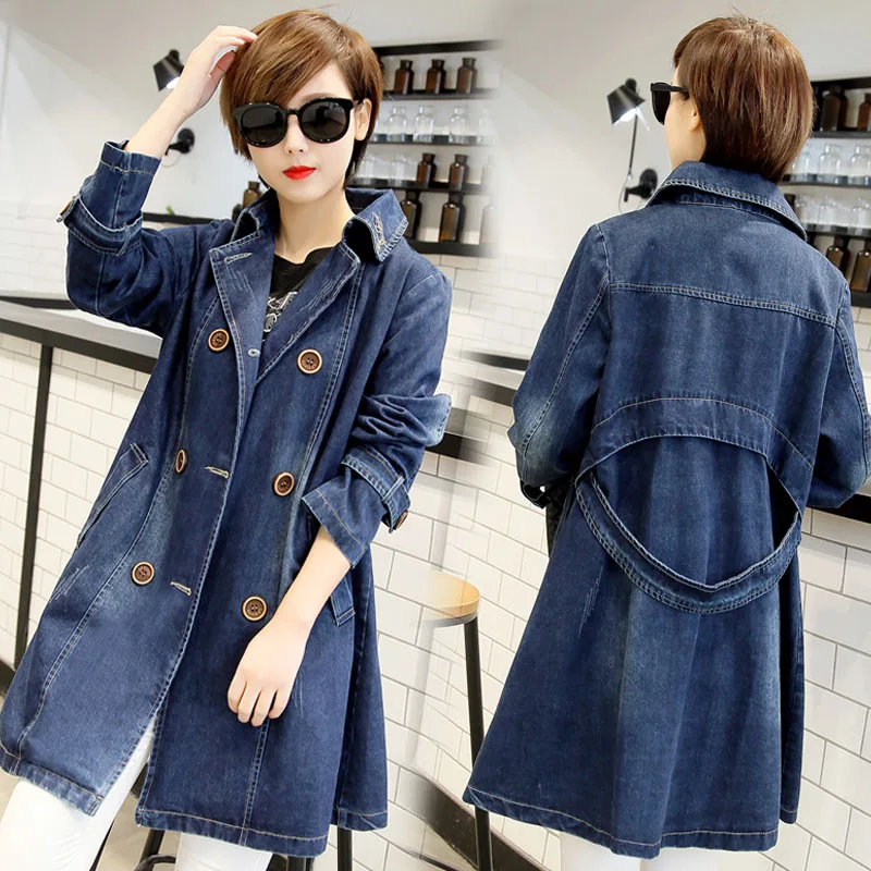 Новинка весна осень двубортная джинсовая куртка Женская длинная с вышивкой плюс