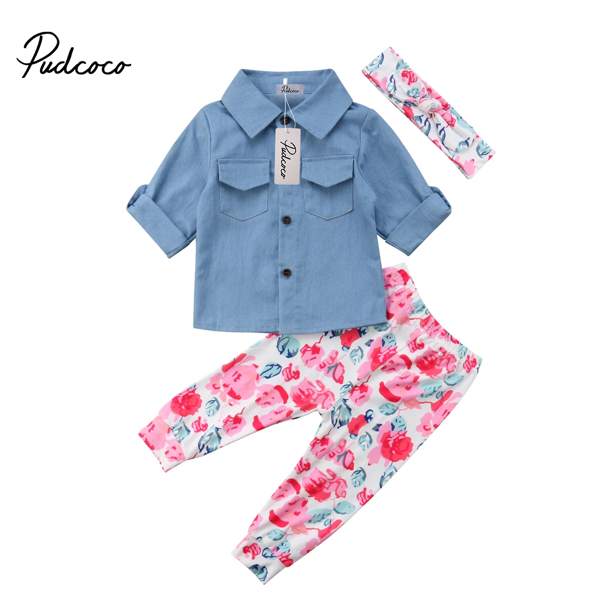 Джинсовая футболка и леггинсы для новорожденных девочек с цветочным