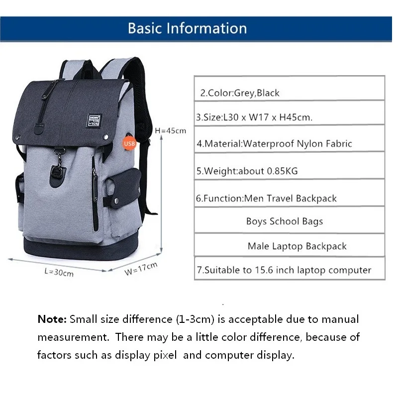 

Men's Casual School Bag Youth School Backpack USB charging anti-theft backpacks Travel bag fashion school backpack boy mochila