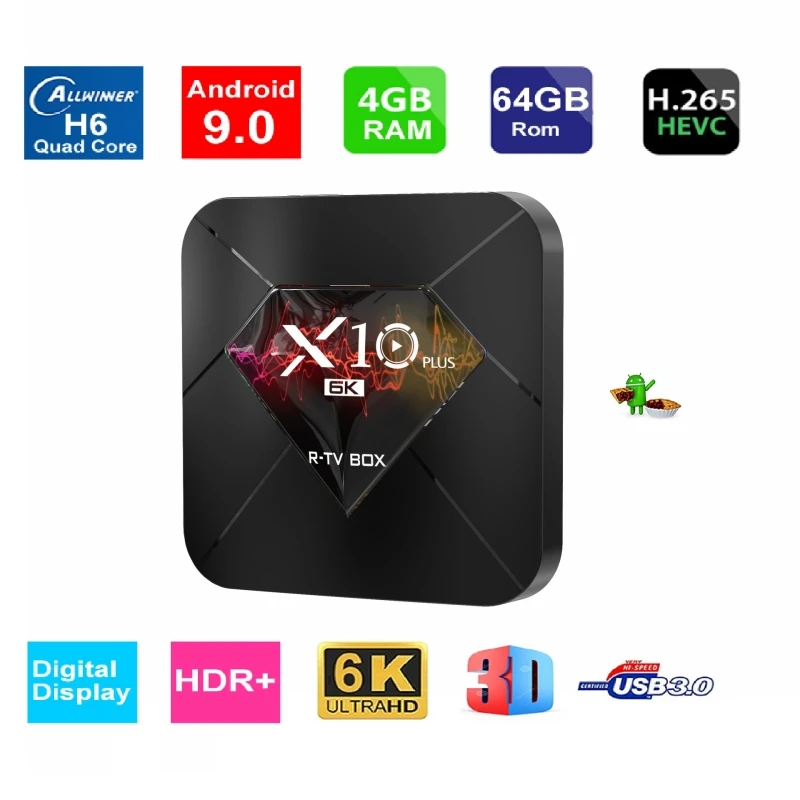NWD X10 Plus Android 9,0 6K смарт ТВ коробка 4 ядра, 4 Гб Оперативная память 32 GB/64 GB Встроенная память USB3.0 WI-FI H.265 ТВ-приставка IPTV Set-Top Box 4 Media Player