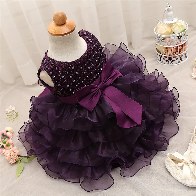 Lace Dresses For Girls Christening Gown Pearl Cake Smash Outfits with Bow Clothes for Baptism 1 year baby girl birthday dress | Детская
