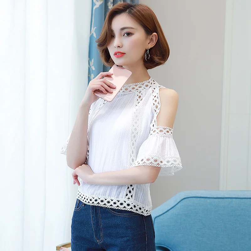 Кружевная блузка с холодным плечом белая модная 2018 летние топы в Корейском стиле