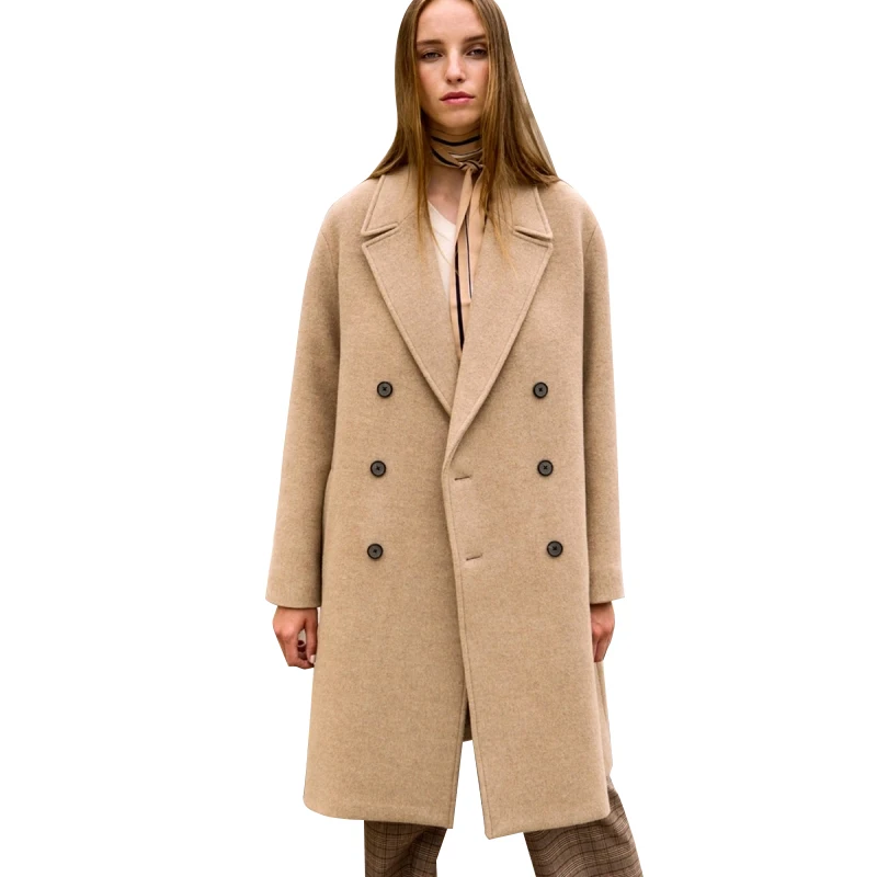 HYH HAOYIHUI простой темперамент Commuter Basic Outcoats Откидной Воротник двубортное длинное пальто верблюжьего цвета