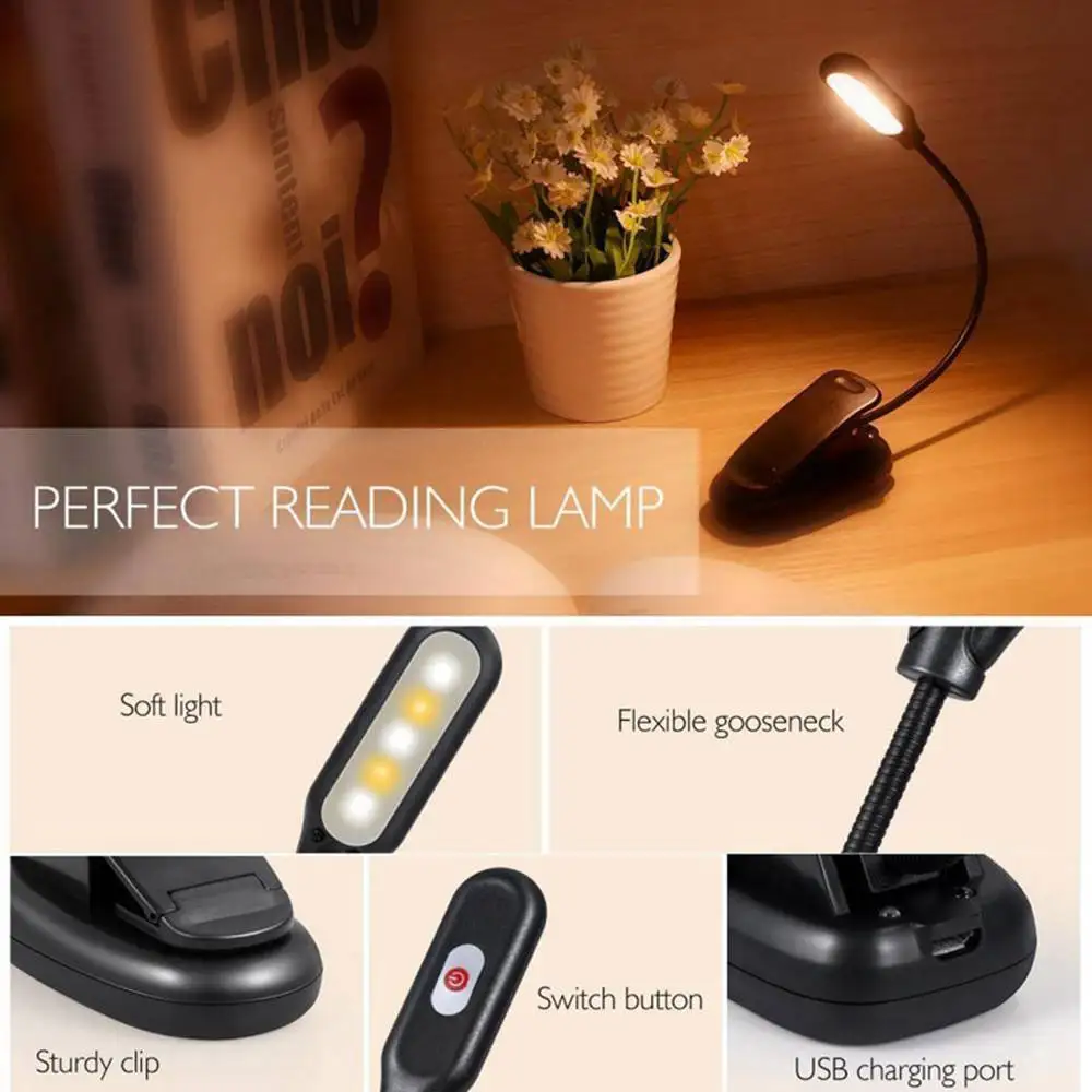CLAITE 110LM книжный светильник USB Перезаряжаемый гибкий 1 Вт 5 светодиодный Ночной светильник с зажимом для чтения 3 режима яркости настольная лампа