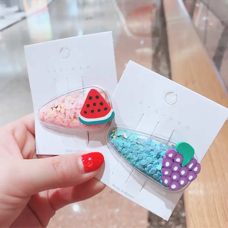 

Barrettes Watermelon Strawberry New Color Sequin Quicksand Transparent PVC Side Clip Baby Head Ornament Fruit Children's Hairpin
