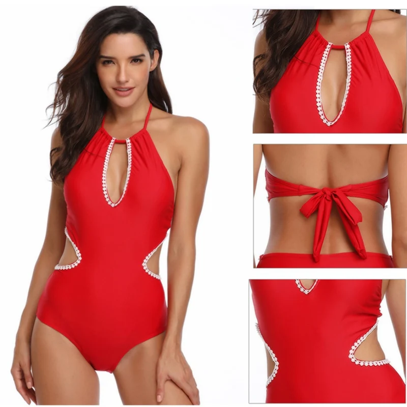 

Sexy Deep V Hollow Out Bodysuit Women Halter Backless One Piece Swimsuit Padded Elastic Beach Bathing Suit Body for Women