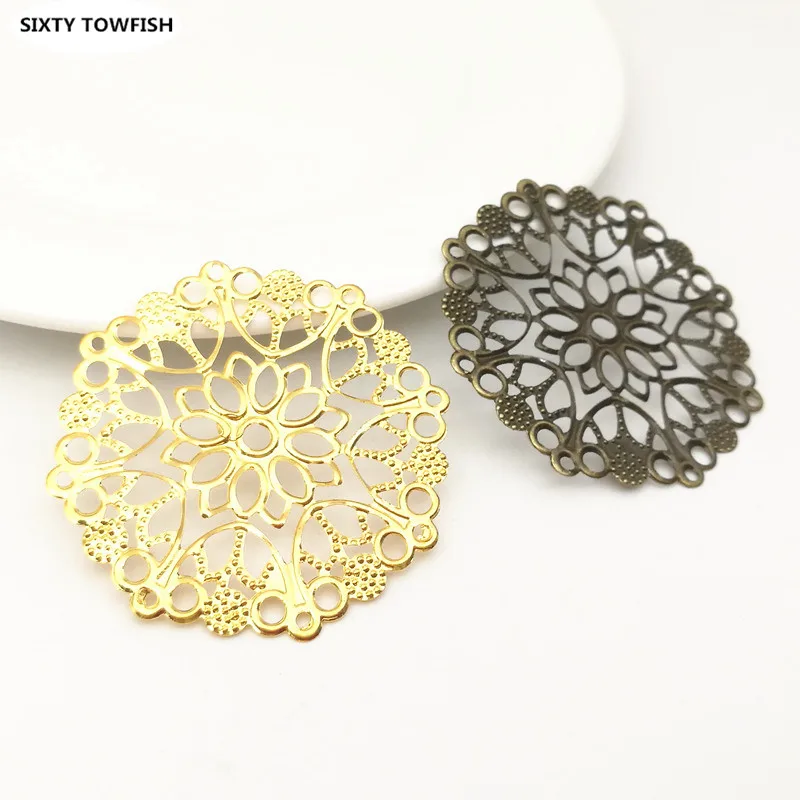 Фото 10 Pieces/lot 35/48mm 3 Colors Metal Filigree Circle Flower Slice Charms base Setting Jewelry DIY Components Findings №5