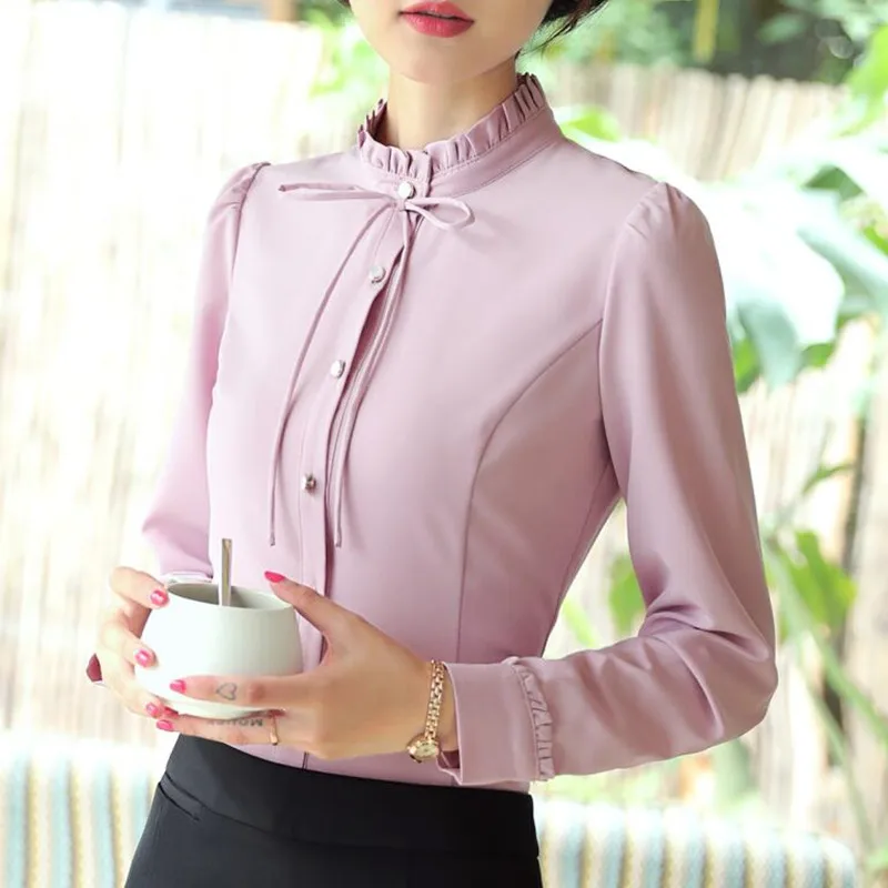 Женская белая блузка с длинным рукавом воротником стойкой и бантом|white shirt women|blouse