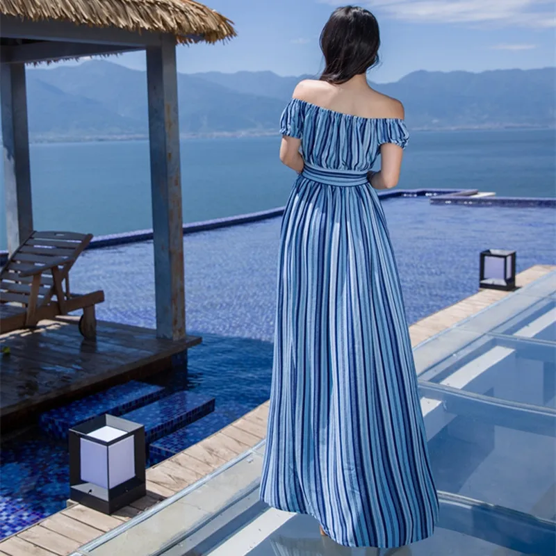 2017 женские летние тонкая талия синий платье в полоску без бретелек воротник