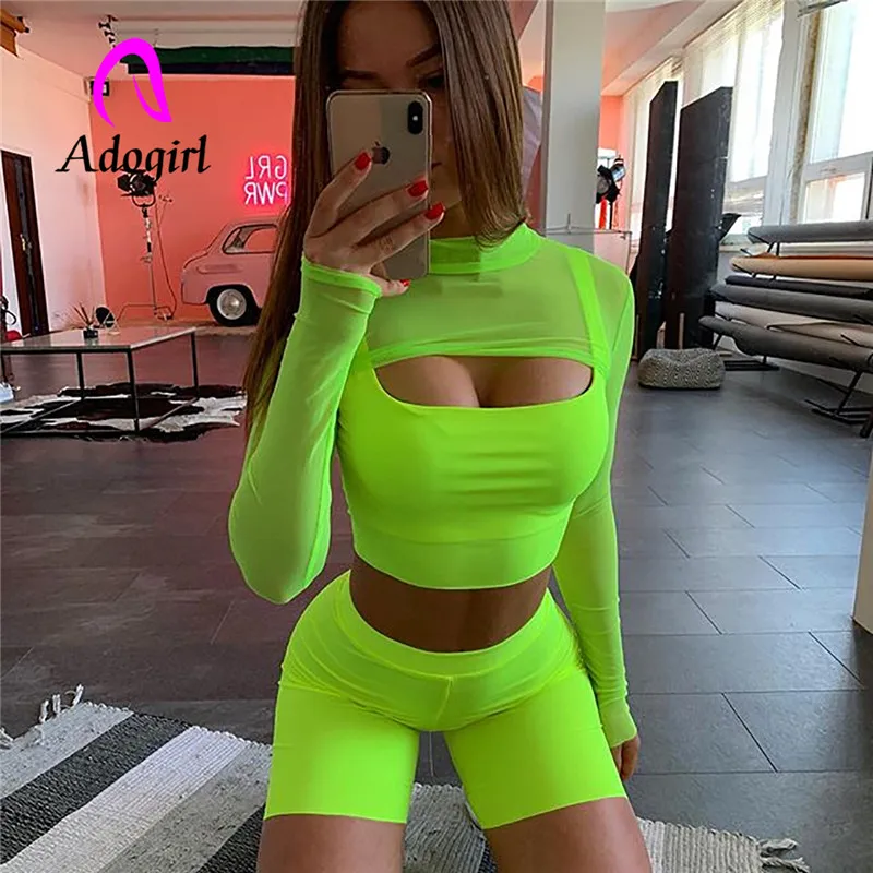 Adogirl флуоресцентный Женский комплект с вырезами спереди длинным рукавом