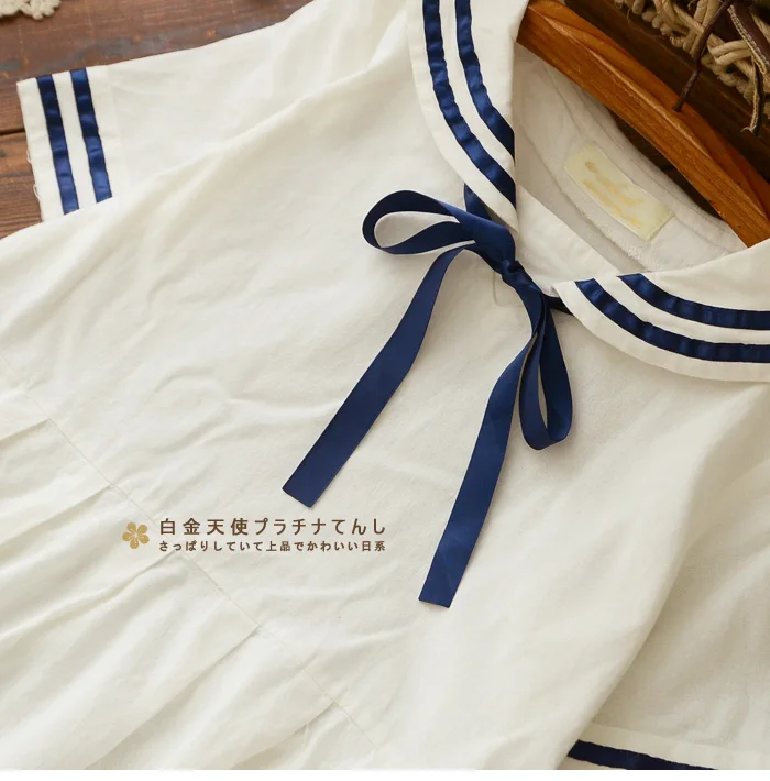 Japanese Mori Girl navy wind stripe streamer short sleeve bow dress female 2018 summer new slim was thin O-neck cotton dressL402 | Женская