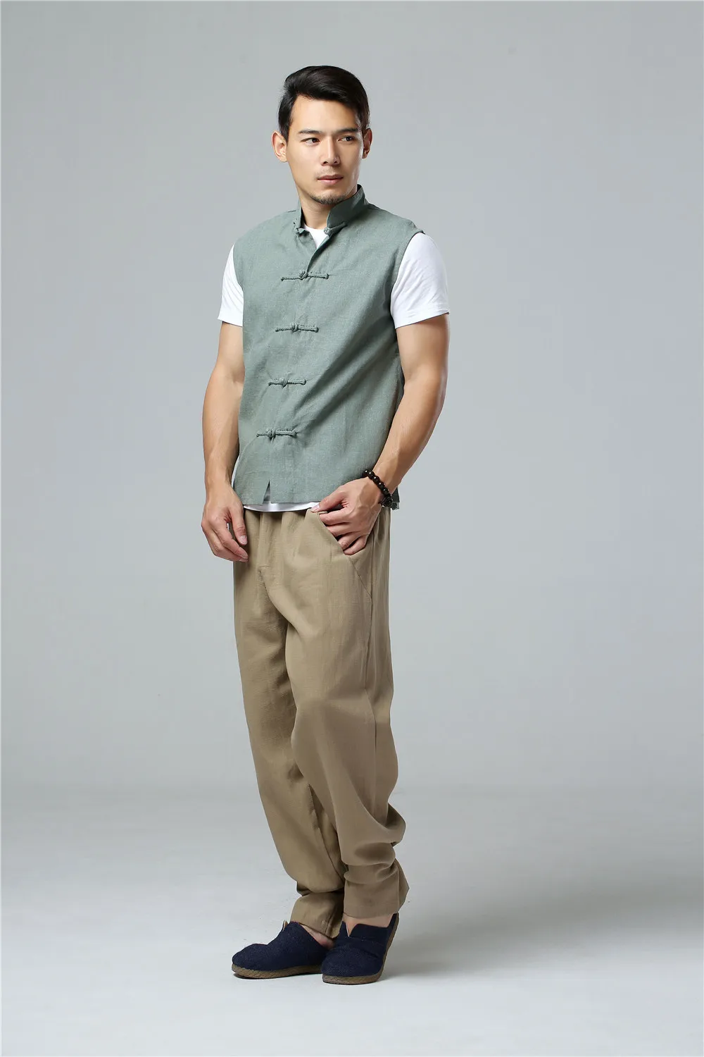 LZJN Men's Summer Waistcoat Chinese Style Vintage Breathable Linen Button Down Kung Fu Shirt Sleeveless Vest Jacket
