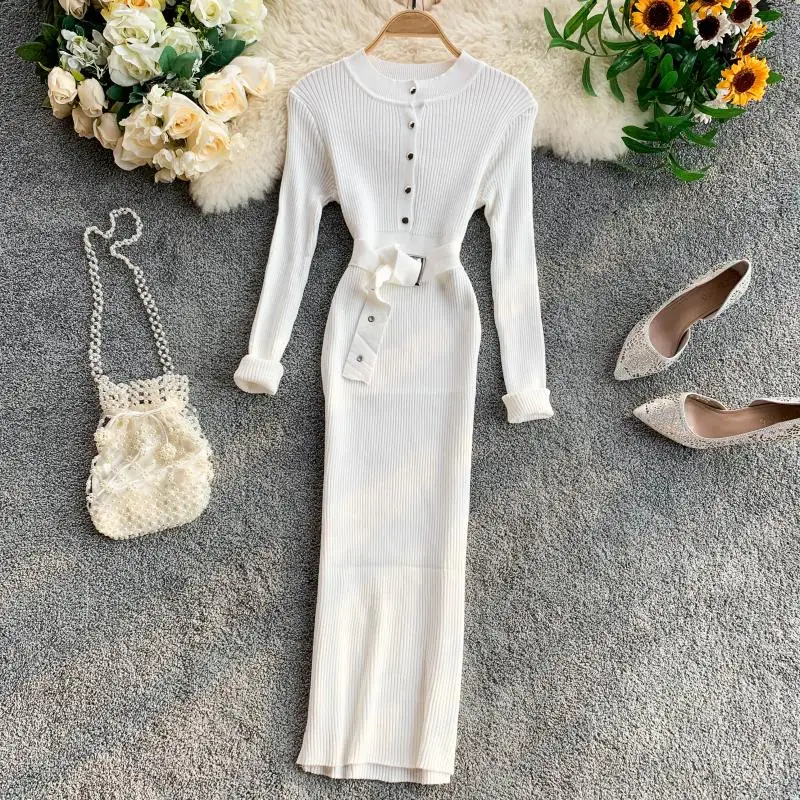 Женское трикотажное платье ALPHALMODA однобортное с длинным рукавом и поясом