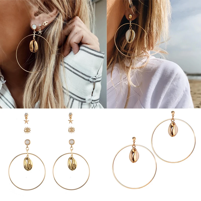 Набор серег в стиле бохо золотого цвета с турецкими глазами морскими звездами и