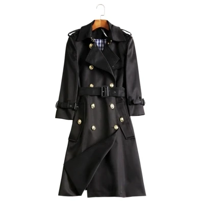 black Новинка, весенне-осенний Тренч, женская одежда, высокое качество, большие размеры, пальто, двубортная ветровка, длинное пальто для женщин - Цвет: black