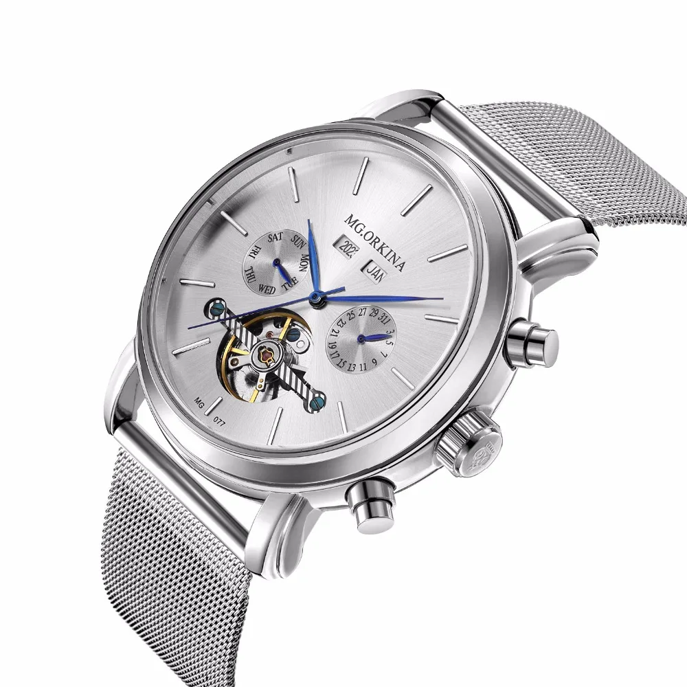 MGORKINA часы с сетчатым ремешком Топ бренд роскошные механические мужские золотые