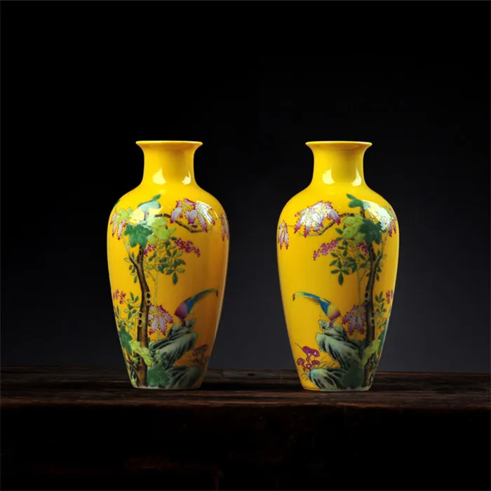 mirrored 2 vases Античная желтый Цвет глазурованного фарфора расписанную Золотой фазан эмаль Вазы бытовой меблировки фарфоровая ваза - Цвет: mirrored 2 vases