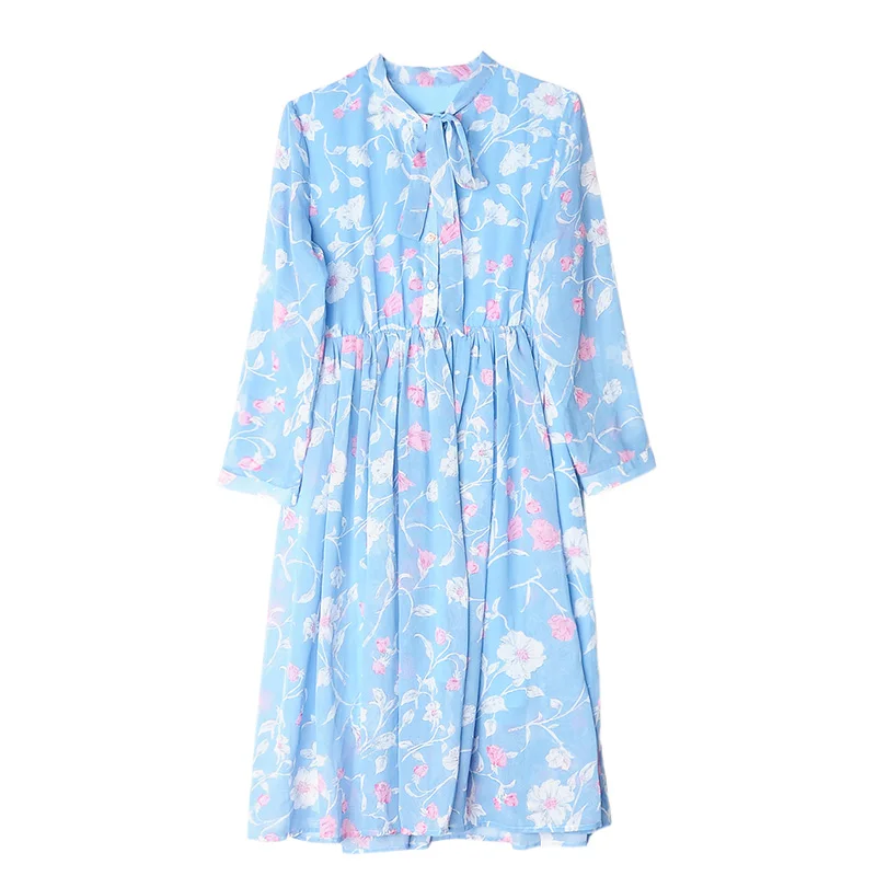 

2019 Spring and summer new elegant print chiffon dress women wrist sleeve dress for lady stand collar fashion dresses girls robe