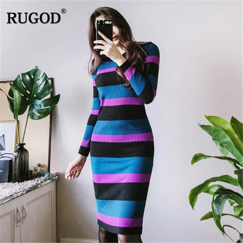 Женское платье с длинным рукавом RUGOD теплое зимнее средней длины в полоску vestidos