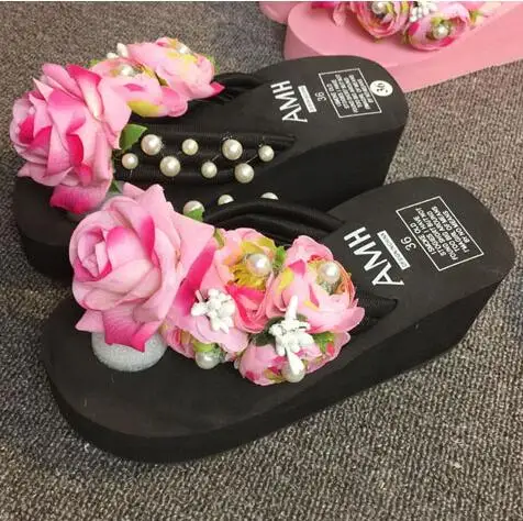 4 HAHAFLOWER/Новые Летние босоножки на платформе; шлепанцы на танкетке; женские пляжные тапочки с розами; Размеры 35-44 - Цвет: 4