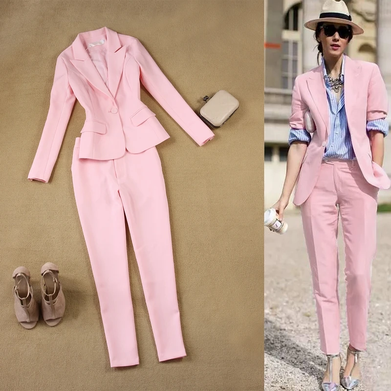 

2 sets of women's autumn 2019 spring and summer new England slim simple pink suit jacket + nine points pants set Ms trend Wild