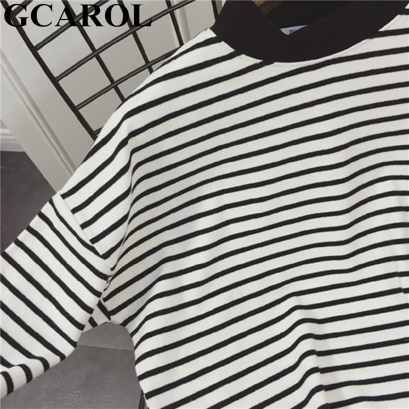 GCAROL новая рубашка со стоячим воротником, полосатая футболка с заниженным плечом, осенне-зимняя тонкая уличная одежда, базовые Топы