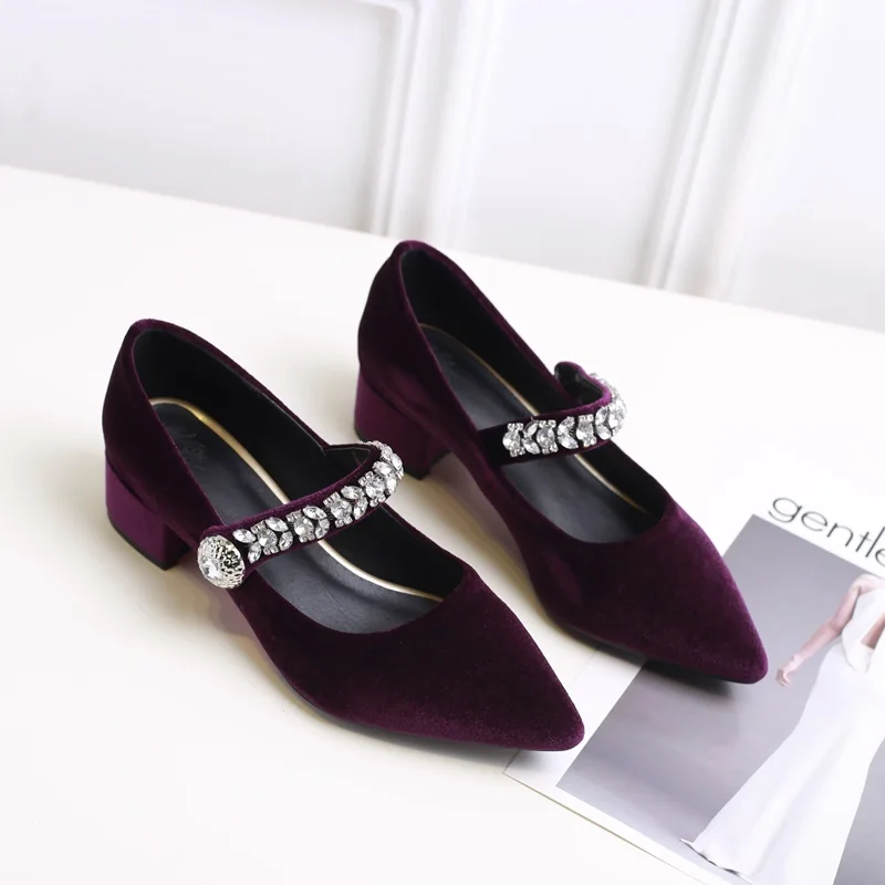 purple EGONERY/женские туфли «Мэри Джейн» в стиле ретро; красные, фиолетовые, синие, черные туфли-лодочки на низком каблуке 3 см; модная женская обувь из флока с острым носком и стразами - Цвет: purple