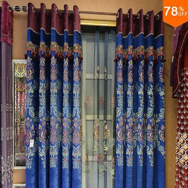 

Lace Free shipping royalblue emboss cortinas Luxury Europe Curtain finished curtain with tulle sheet Beads curtains royal blue