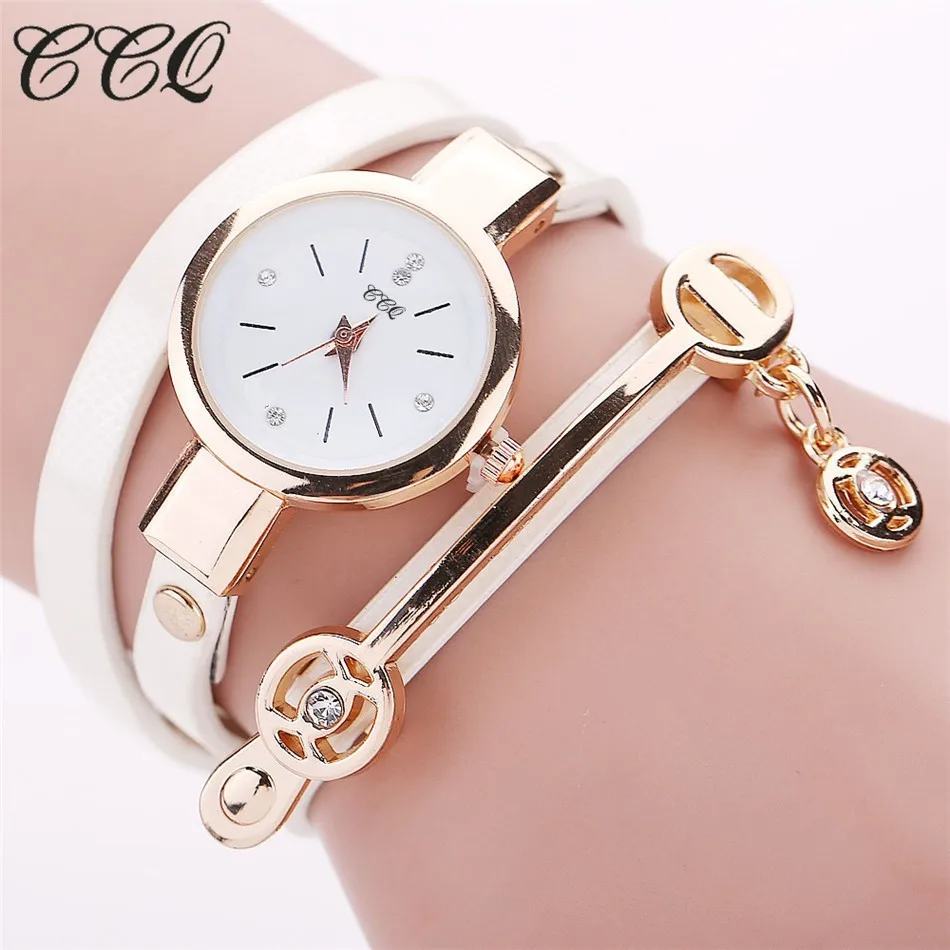 CCQ Горячие женские длинные кожаные часы браслет Золотые Модные Кварцевые Часы