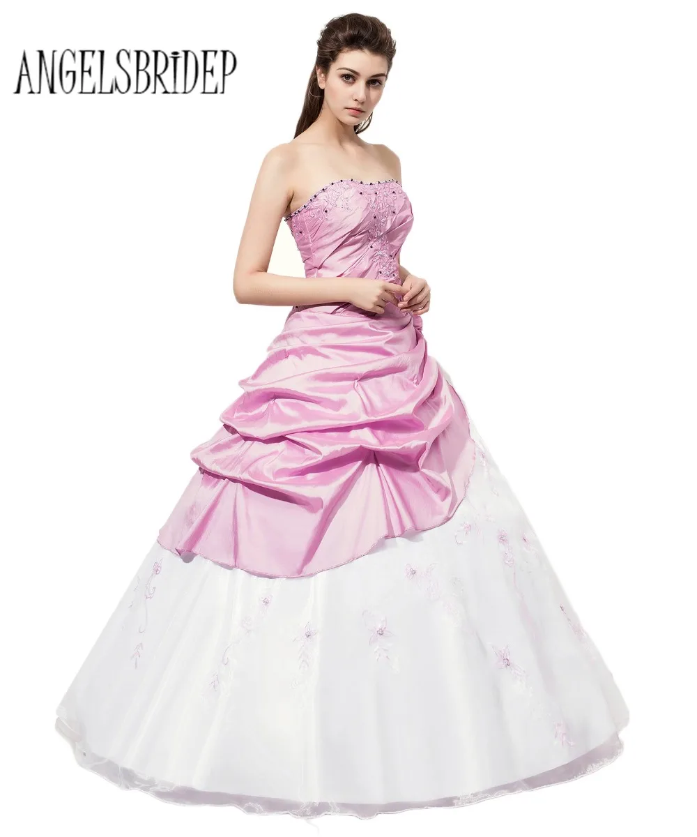 ANGELSBRIDEP длинное платье без бретелек пышное белое и сиреневое недорогое бальное