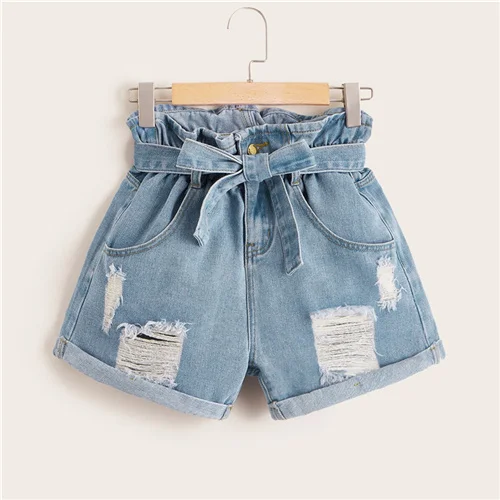 SweatyRocks Ripped Rolled Hem Denim Shorts Streetwear Casual High Waist Belted Shorts Summer Straight Leg Women Solid Shorts - Цвет: Синий