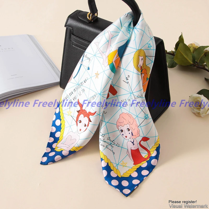 100% шелковый саржевый шарф с мультяшным принтом Модный маленький квадратный