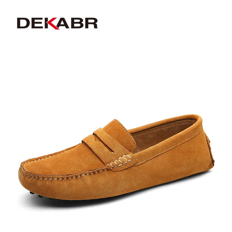 01 Light Brown Мужские брендовые мокасины на весну-лето DEKABR, темно-синие туфли из натуральной кожи, легкая обувь на плоской подошве для вождения - Цвет: 01 Light Brown