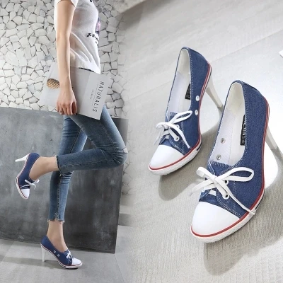 2019 Pumps 24 Style Denim High Quality Shallow Mouth Women's Shoes Heel 6 8CM Girl Canvas Student Female size 34 41|Женские туфли| |