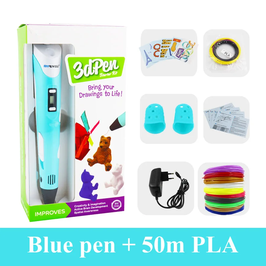 Blue with 50m PLA Myriwell 3d Ручка, оригинальная 3d Ручка для принтера, 3d Ручка для рисования, 1,75 мм, pla с ЖК-дисплеем для детей, рождественский подарок, подарок на день рождения, игрушки - Цвет: Blue with 50m PLA
