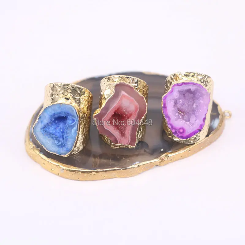5 шт смешанные цвета Geode кольцо золотистые серьги, изготовленные методом гальванопластики свободной формы друзовидный драгоценный камень ювелирные кольца